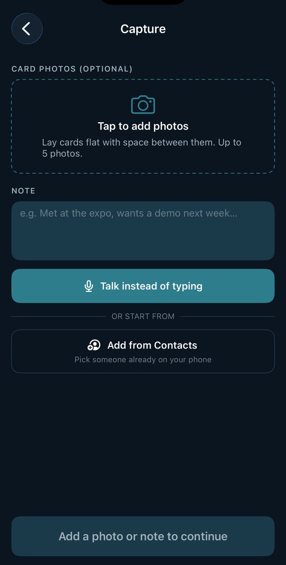 Enki capture screen prompting to add card photos