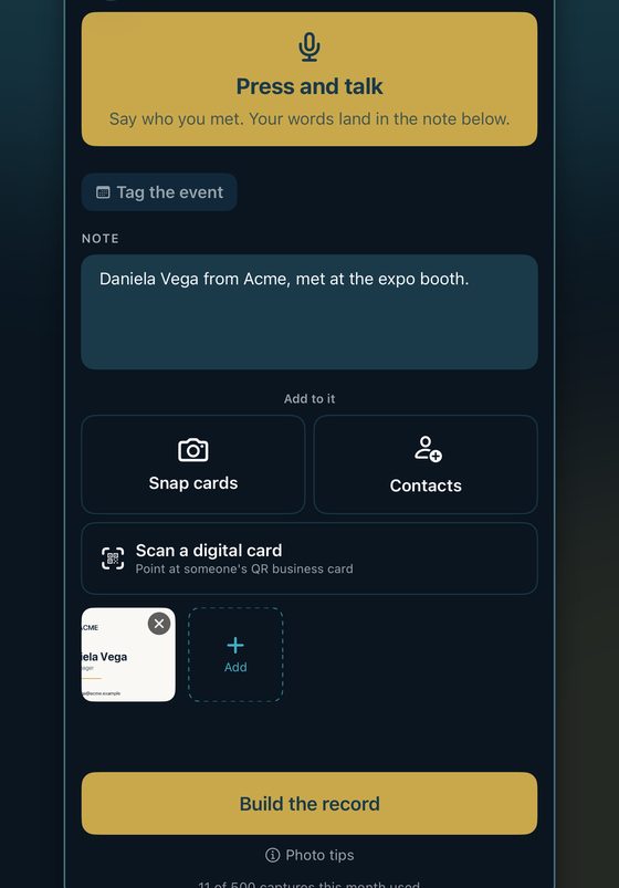 Enki capture screen mid-recording with an event tag and a card photo attached