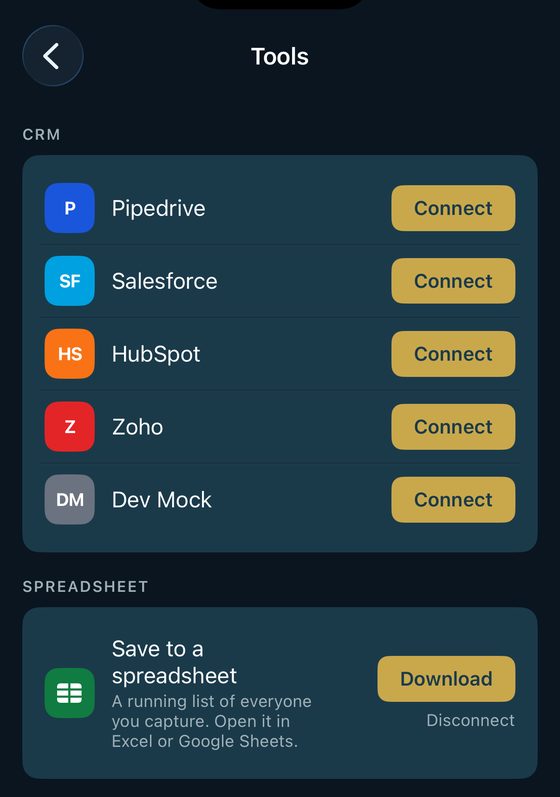 The Tools screen listing Pipedrive, Salesforce, HubSpot and Zoho
