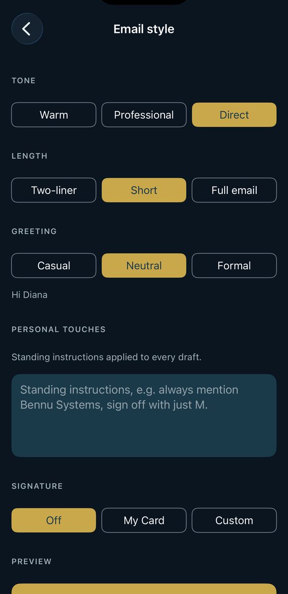 The Email style screen: tone, length, greeting, standing instructions and signature