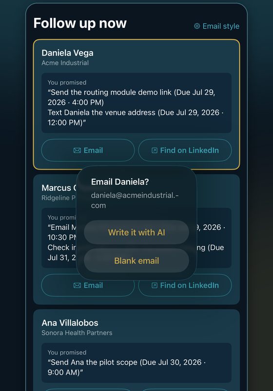Enki follow-up screen offering Write it with AI, blank email, or Find on LinkedIn