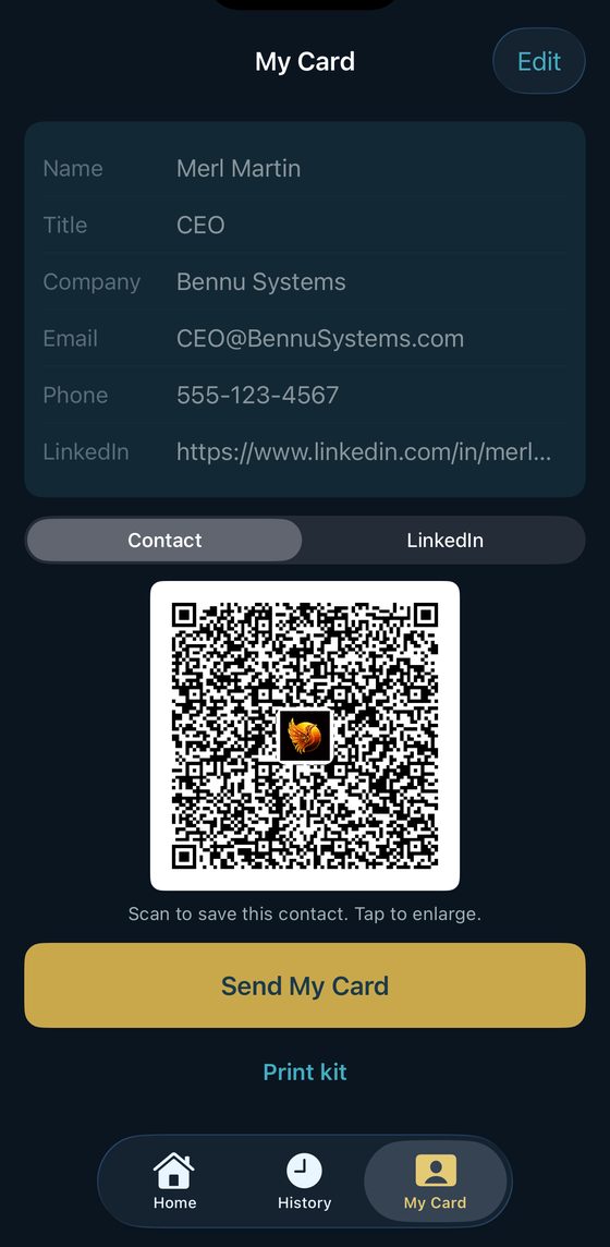 The My Card screen with a scannable QR code carrying the company logo