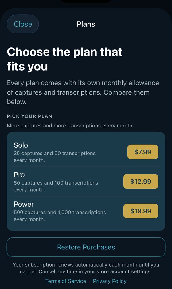 The in-app plans screen showing Solo, Pro and Power with prices