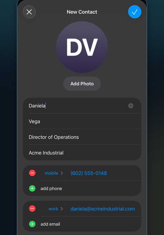 A new phone contact prefilled by Enki